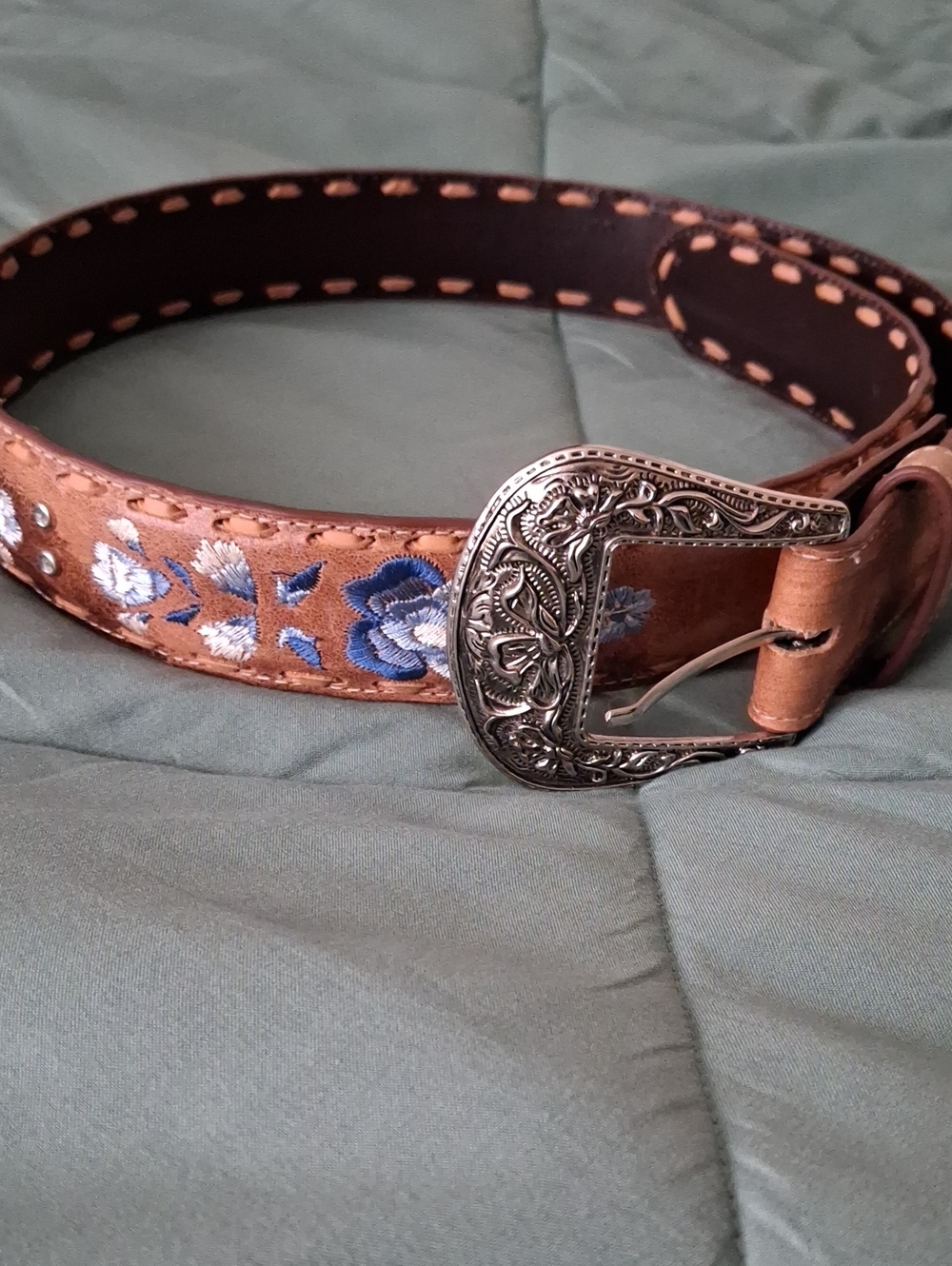 Shyanne Tan Leather Belt w Blue Floral Embroidery, Rhinestones & Silver Buckle M